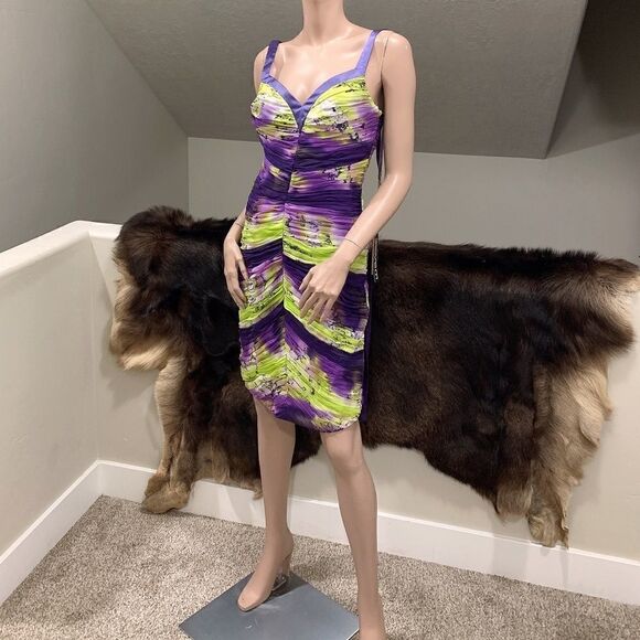 Charming 100%Silk Floral-print Horizontal Pleated Knee Length Dress - Picture 6 of 11